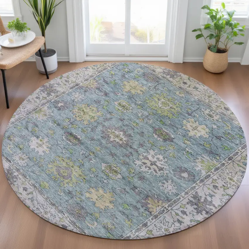 8' Pale Aqua Gold And Gray Round Floral Washable Indoor Outdoor Area Rug Photo 5