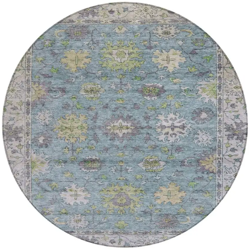 8' Pale Aqua Gold And Gray Round Floral Washable Indoor Outdoor Area Rug Photo 3