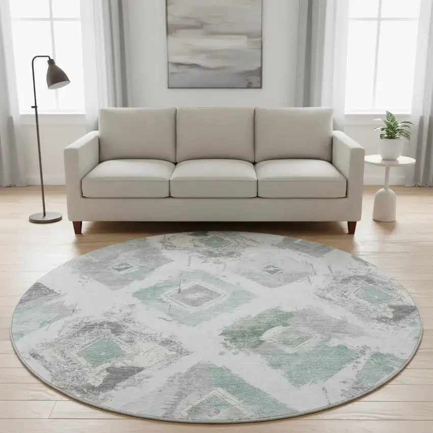 8' Pale Aqua Gray And Ivory Abstract Geometric Washable Round Rug With UV Protection Photo 2