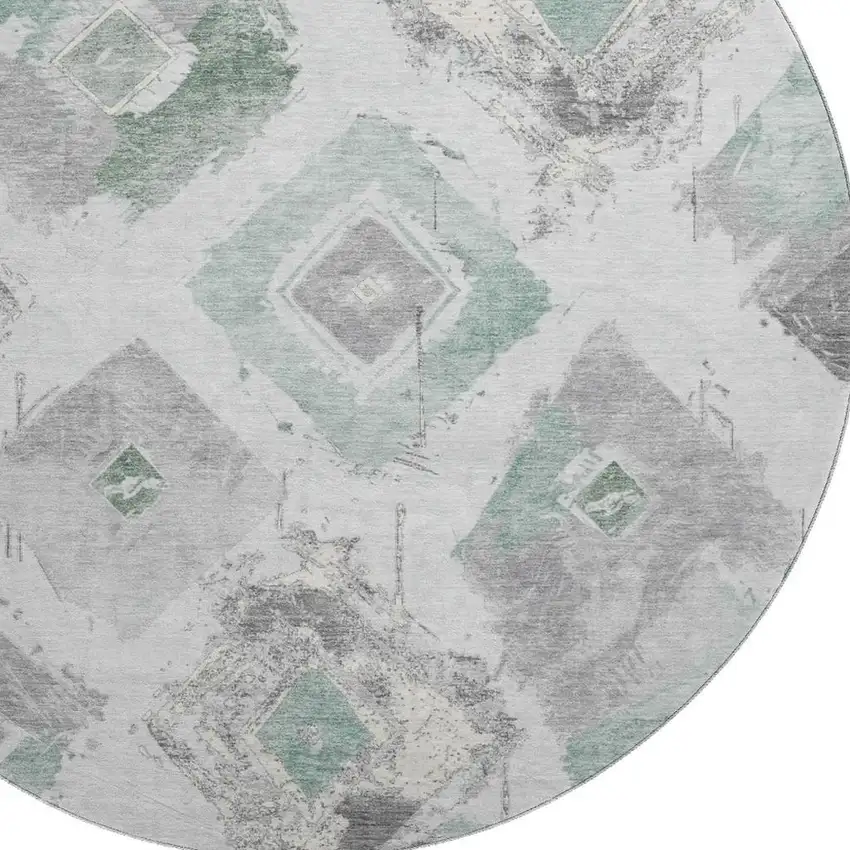 8' Pale Aqua Gray And Ivory Abstract Geometric Washable Round Rug With UV Protection Photo 2