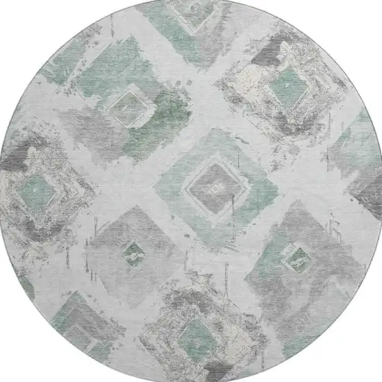 8' Pale Aqua Gray And Ivory Abstract Geometric Washable Round Rug With UV Protection Photo 3