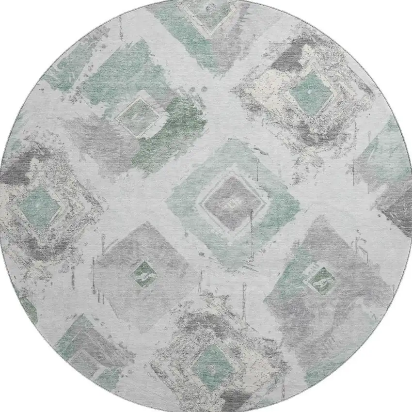 8' Pale Aqua Gray And Ivory Abstract Geometric Washable Round Rug With UV Protection Photo 3