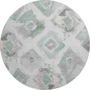 Photo of 8' Pale Aqua Gray And Ivory Abstract Geometric Washable Round Rug With UV Protection