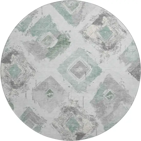 8' Pale Aqua Gray And Ivory Abstract Geometric Washable Round Rug With UV Protection Photo 1