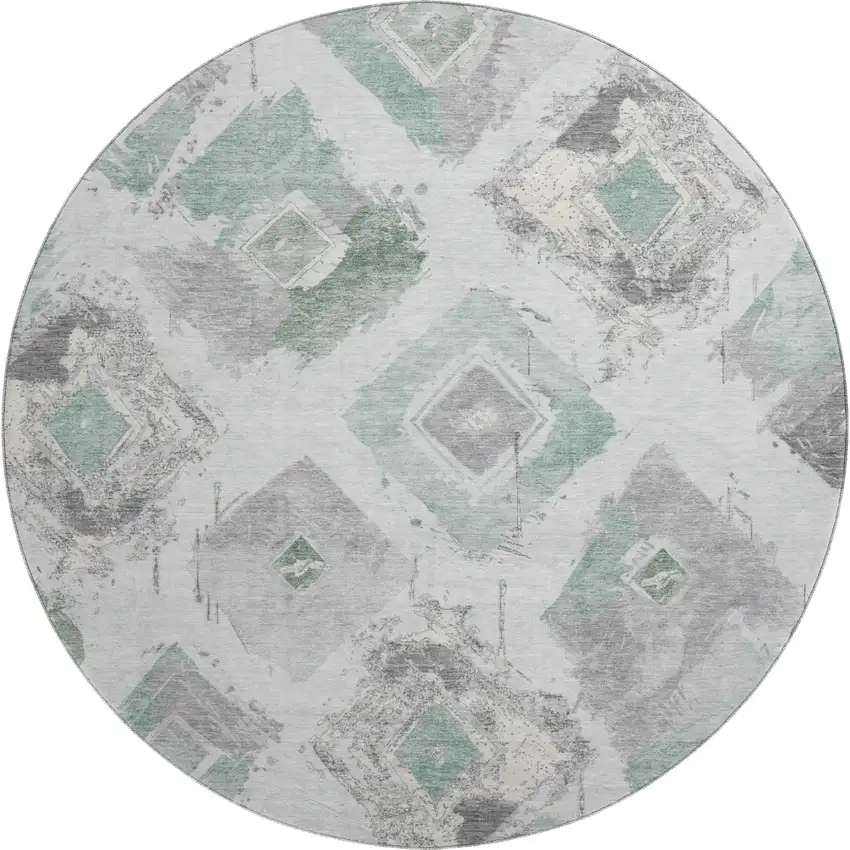 8' Pale Aqua Gray And Ivory Abstract Geometric Washable Round Rug With UV Protection Photo 1