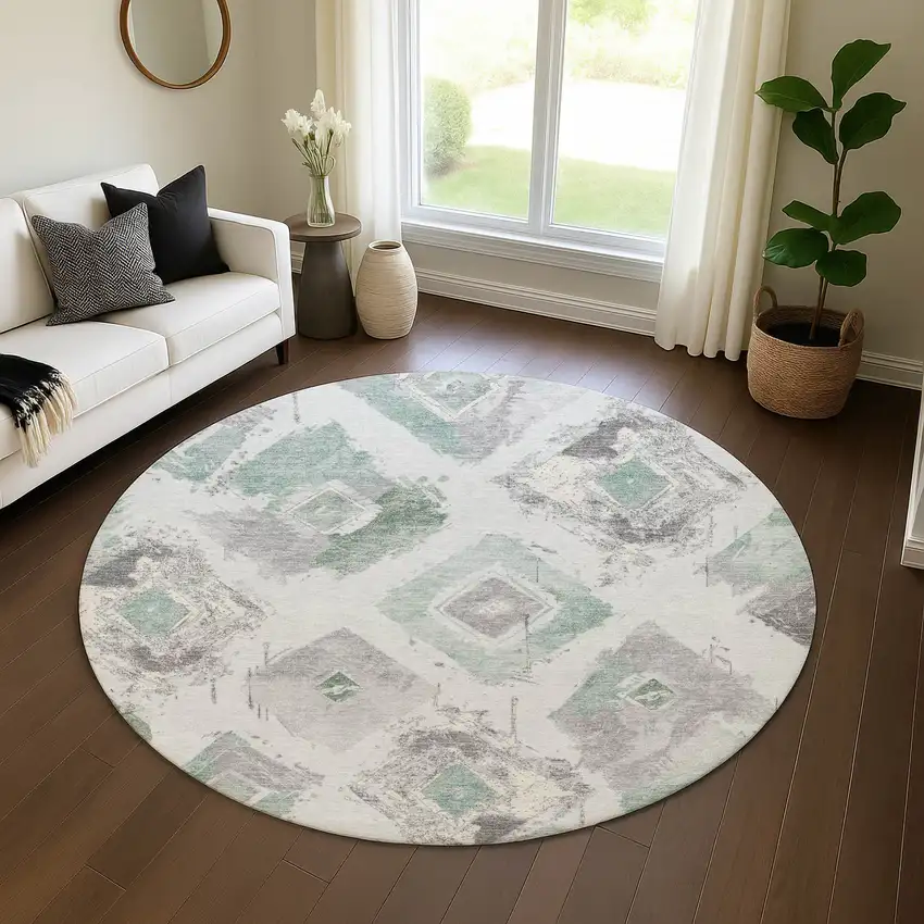 8' Pale Aqua Gray And Ivory Abstract Geometric Washable Round Rug With UV Protection Photo 4