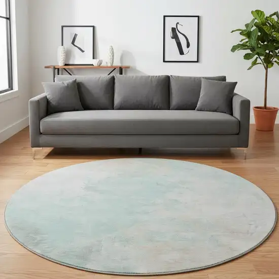 8' Pale Aqua Gray And Ivory Abstract Washable Round Rug With UV Protection Photo 2