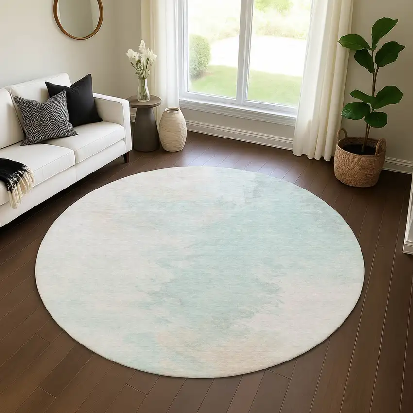 8' Pale Aqua Gray And Ivory Abstract Washable Round Rug With UV Protection Photo 4