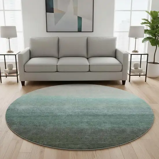 8' Pale Aqua Gray And Ivory Ombre Washable Round Rug With UV Protection Photo 2