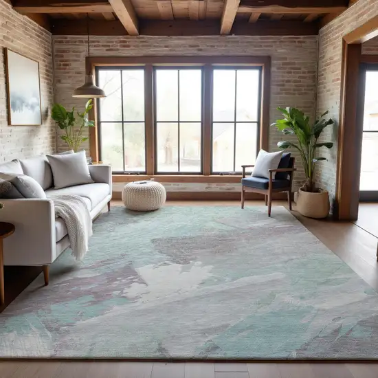 8' Pale Aqua Gray And Silver Abstract Washable Area Rug With UV Protection Photo 3