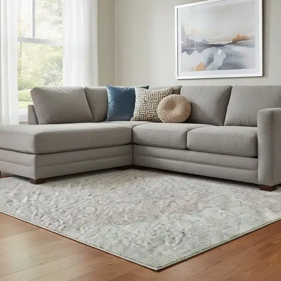 8' Pale Aqua Gray And Silver Abstract Washable Area Rug With UV Protection Photo 2