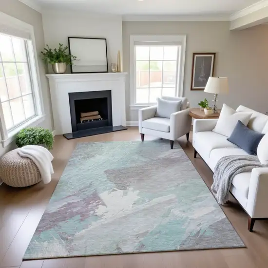 8' Pale Aqua Gray And Silver Abstract Washable Area Rug With UV Protection Photo 2