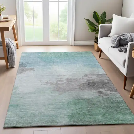 8' Pale Aqua Gray And Silver Abstract Washable Area Rug With UV Protection Photo 5