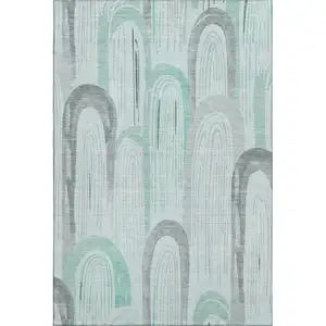 Photo of 8' Pale Aqua Gray And Silver Geometric Washable Area Rug With UV Protection