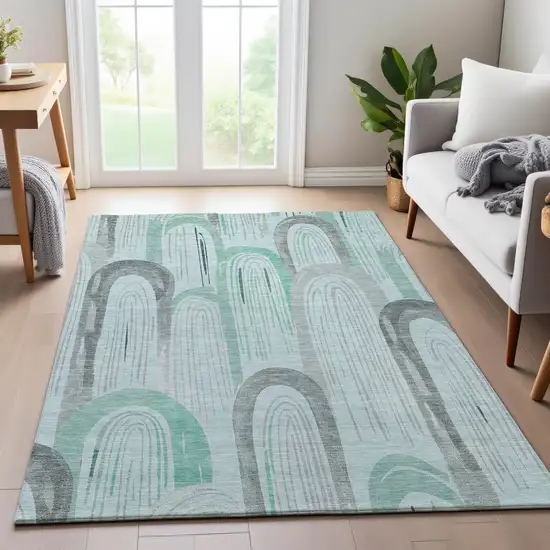 8' Pale Aqua Gray And Silver Geometric Washable Area Rug With UV Protection Photo 5