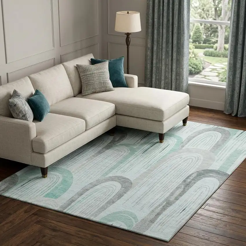 8' Pale Aqua Gray And Silver Geometric Washable Area Rug With UV Protection Photo 1