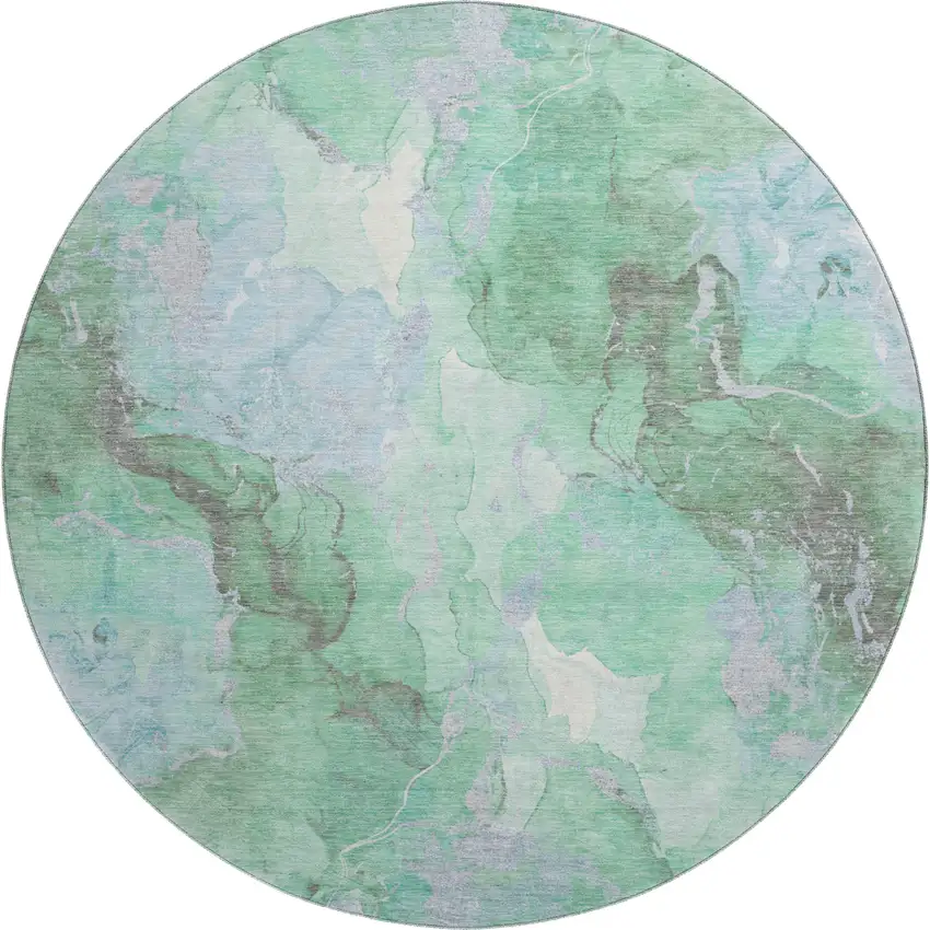 8' Pale Aqua Green And Ivory Abstract Washable Round Rug With UV Protection Photo 1