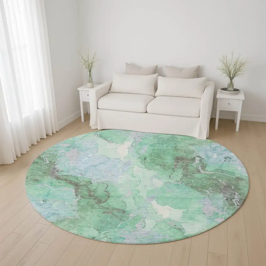 8' Pale Aqua Green And Ivory Abstract Washable Round Rug With UV Protection Photo 4
