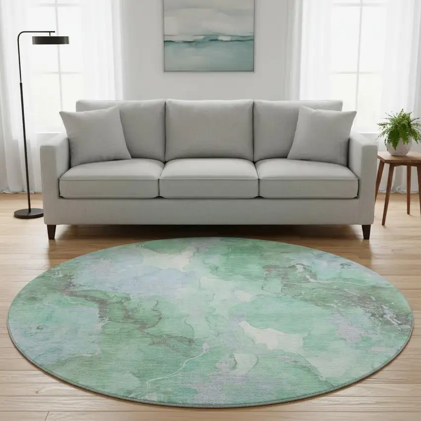 8' Pale Aqua Green And Ivory Abstract Washable Round Rug With UV Protection Photo 2