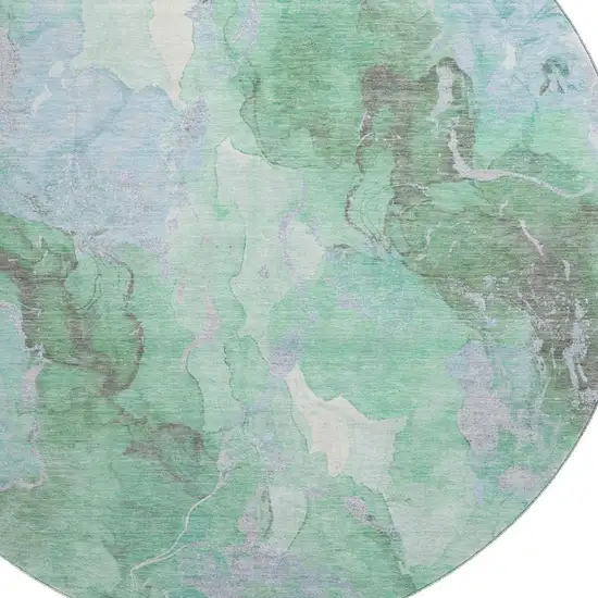 8' Pale Aqua Green And Ivory Abstract Washable Round Rug With UV Protection Photo 2