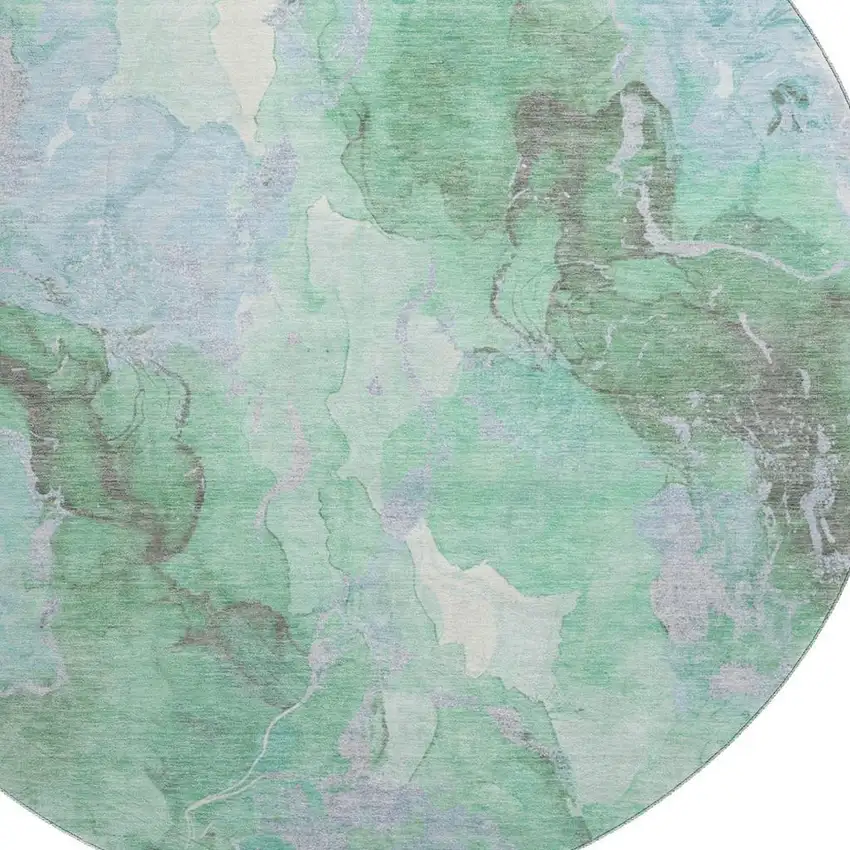 8' Pale Aqua Green And Ivory Abstract Washable Round Rug With UV Protection Photo 2