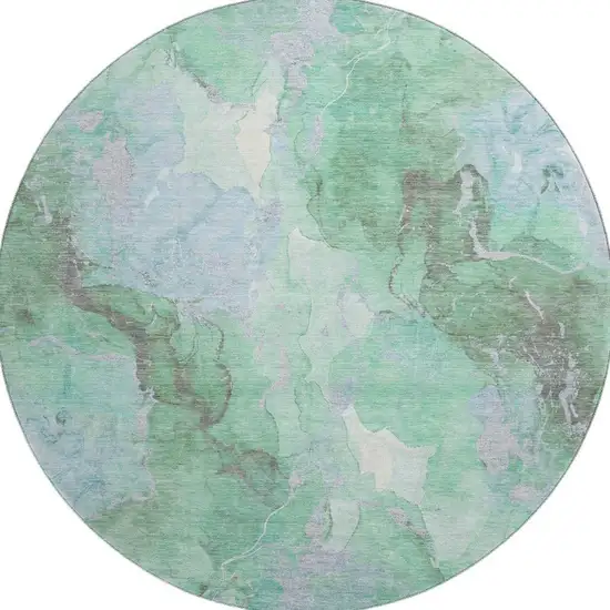 8' Pale Aqua Green And Ivory Abstract Washable Round Rug With UV Protection Photo 3