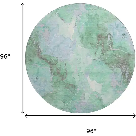 8' Pale Aqua Green And Ivory Abstract Washable Round Rug With UV Protection Photo 9