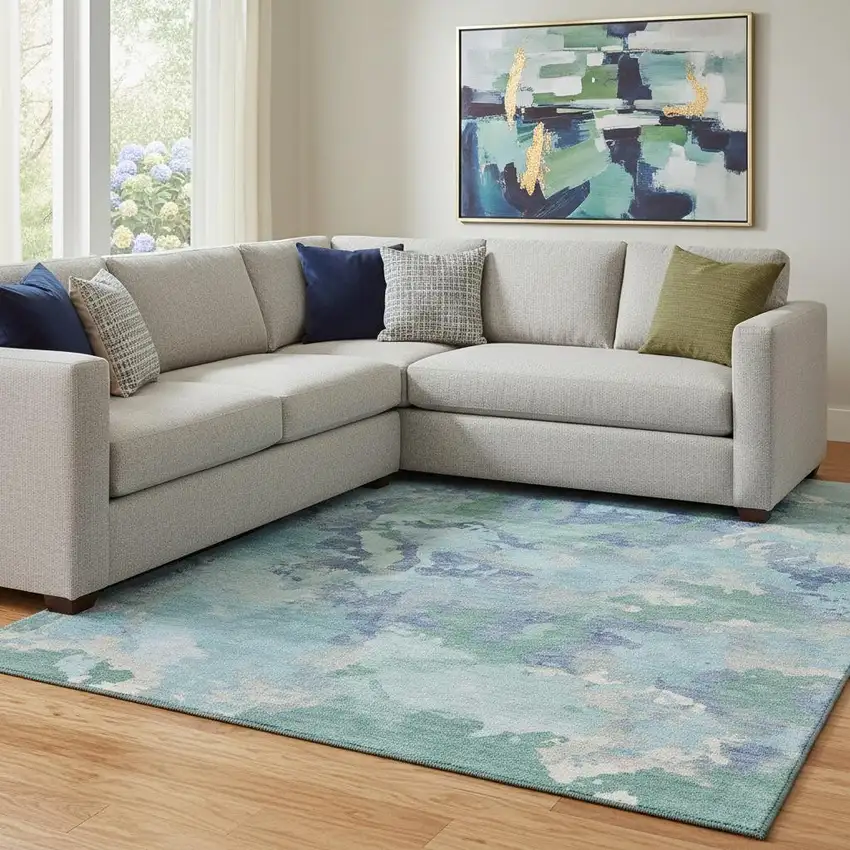 8' Pale Aqua Ivory And Gray Abstract Washable Area Rug With UV Protection Photo 2