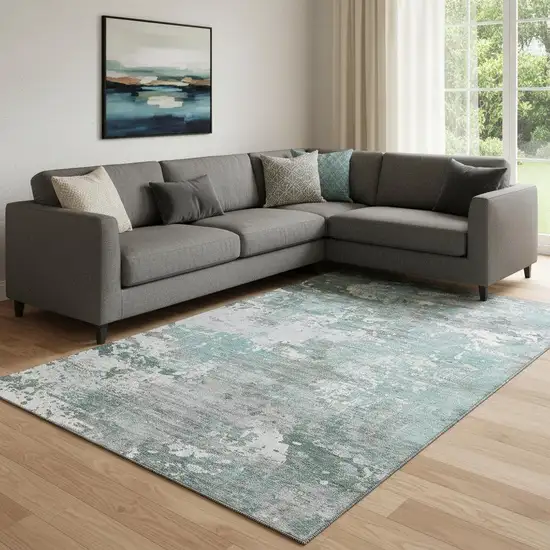 8' Pale Aqua Ivory And Gray Abstract Washable Area Rug With UV Protection Photo 2