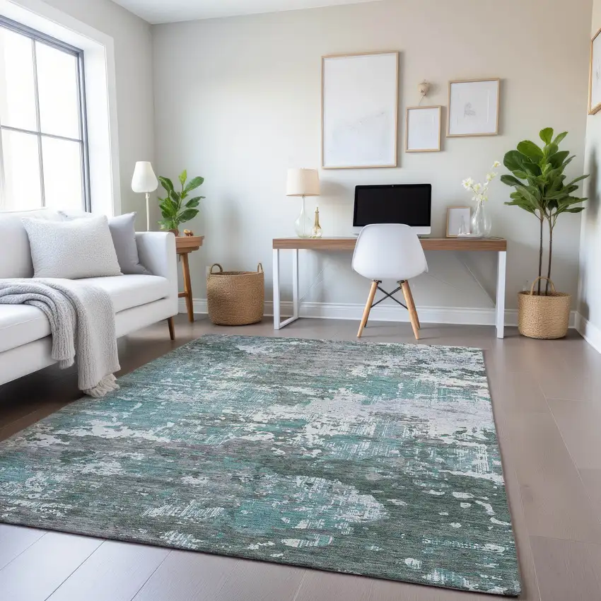 8' Pale Aqua Ivory And Gray Abstract Washable Area Rug With UV Protection Photo 4