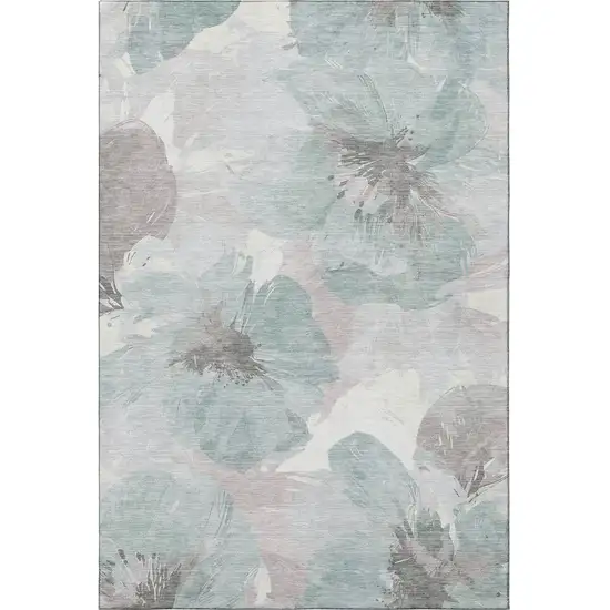 8' Pale Aqua Ivory And Gray Floral Washable Area Rug With UV Protection Photo 3