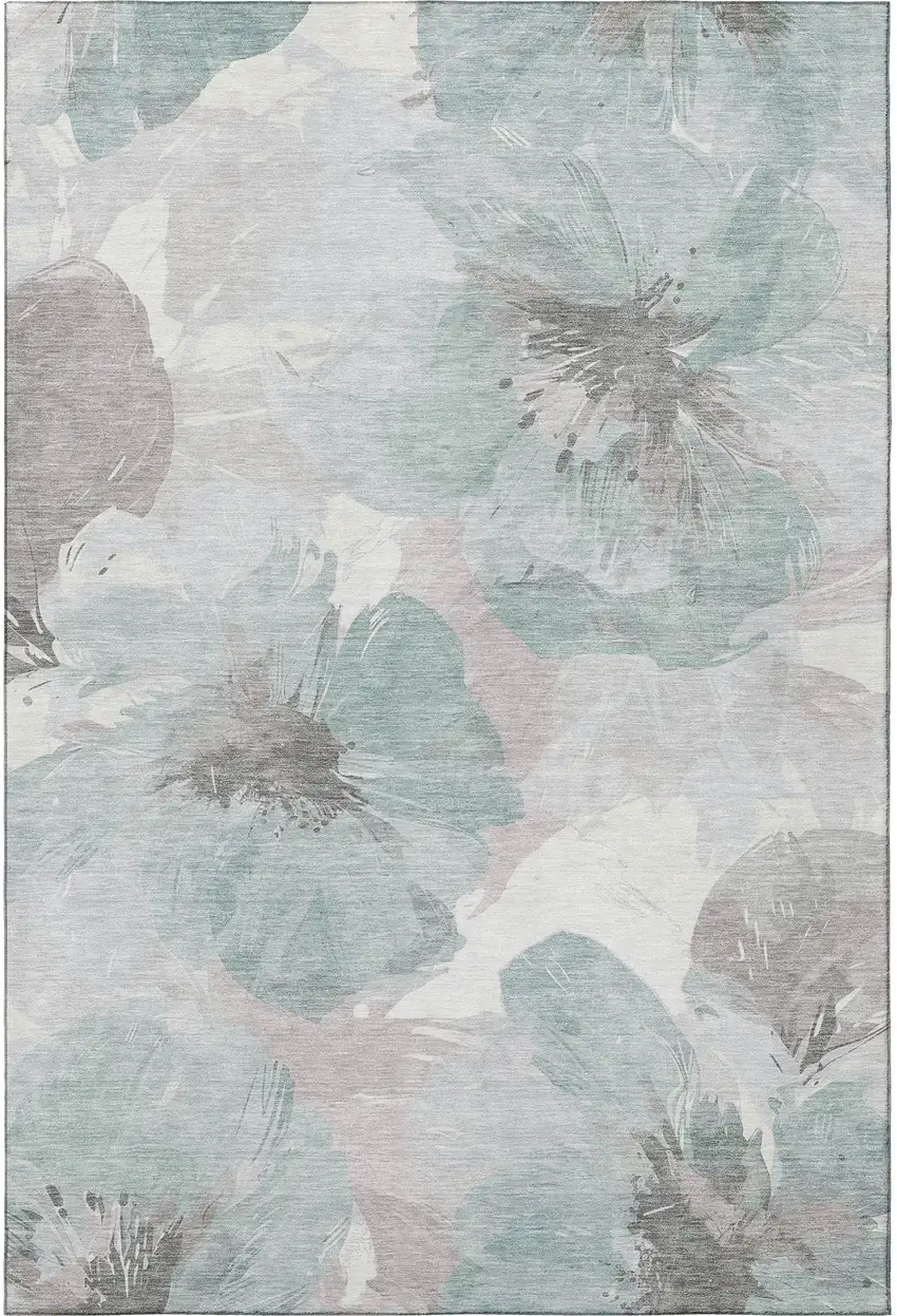 8' Pale Aqua Ivory And Gray Floral Washable Area Rug With UV Protection Photo 3