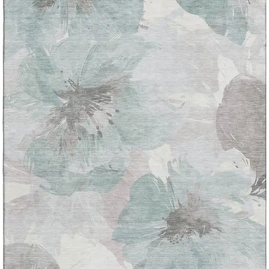8' Pale Aqua Ivory And Gray Floral Washable Area Rug With UV Protection Photo 2