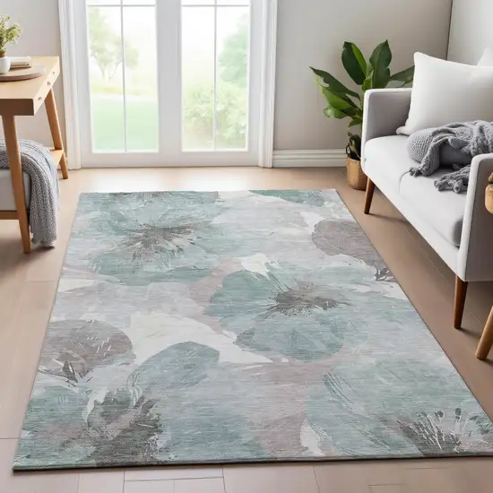 8' Pale Aqua Ivory And Gray Floral Washable Area Rug With UV Protection Photo 5