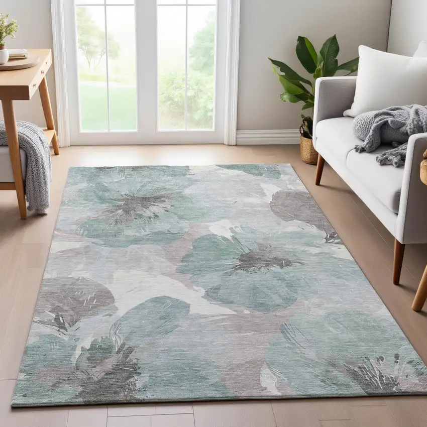 8' Pale Aqua Ivory And Gray Floral Washable Area Rug With UV Protection Photo 5
