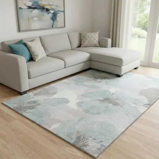 8' Pale Aqua Ivory And Gray Floral Washable Area Rug With UV Protection Photo 2