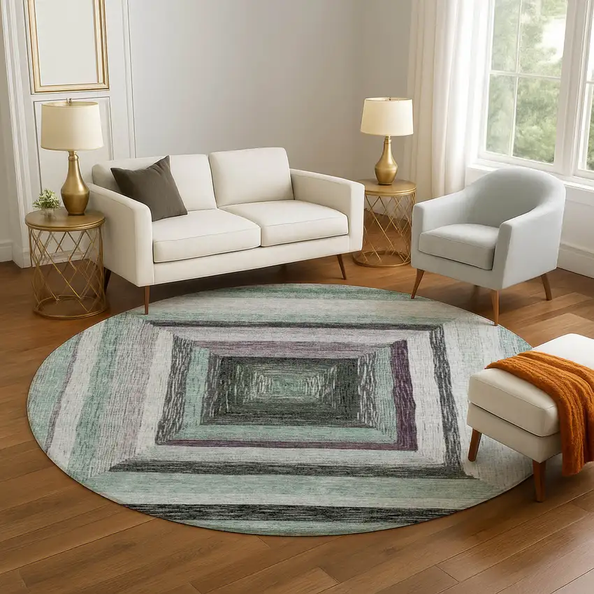 8' Pale Aqua Ivory And Gray Geometric Washable Round Rug With UV Protection Photo 5