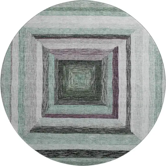 8' Pale Aqua Ivory And Gray Geometric Washable Round Rug With UV Protection Photo 1