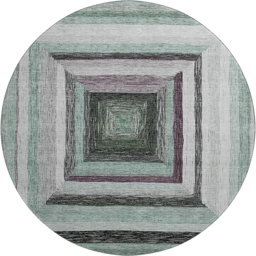 8' Pale Aqua Ivory And Gray Geometric Washable Round Rug With UV Protection Photo 1