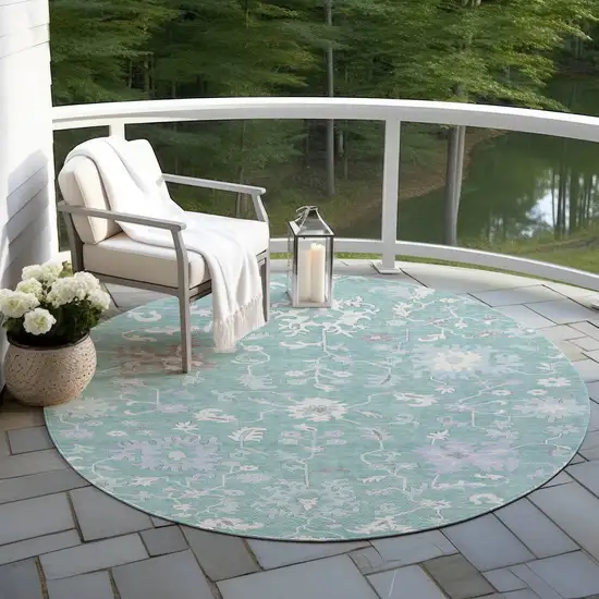 8' Pale Aqua Ivory And Gray Round Floral Washable Indoor Outdoor Area Rug Photo 5