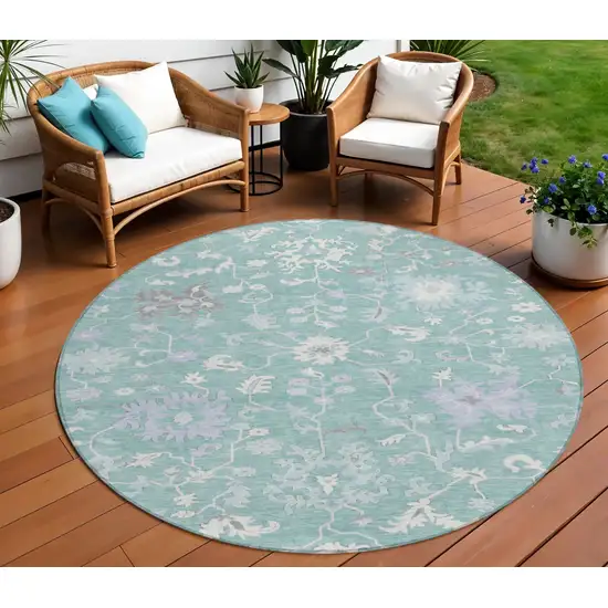 8' Pale Aqua Ivory And Gray Round Floral Washable Indoor Outdoor Area Rug Photo 2