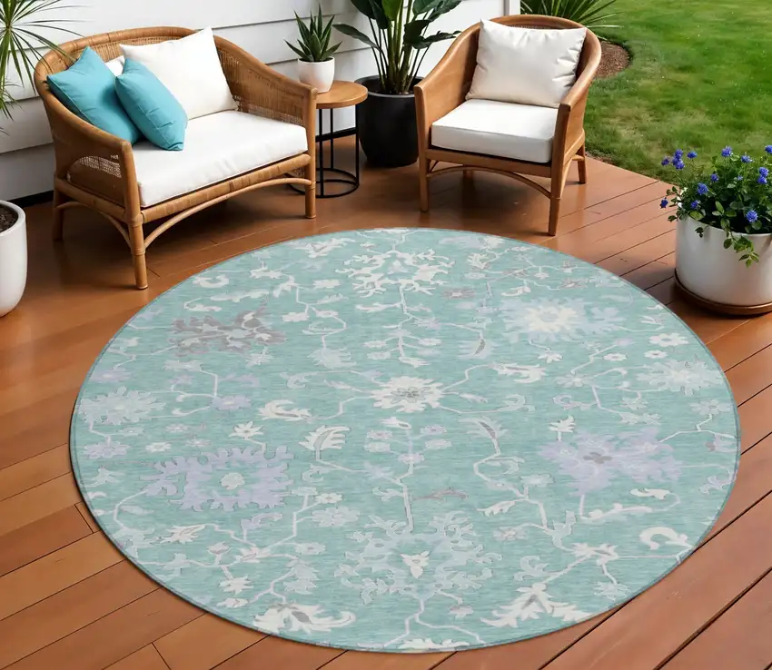 8' Pale Aqua Ivory And Gray Round Floral Washable Indoor Outdoor Area Rug Photo 2