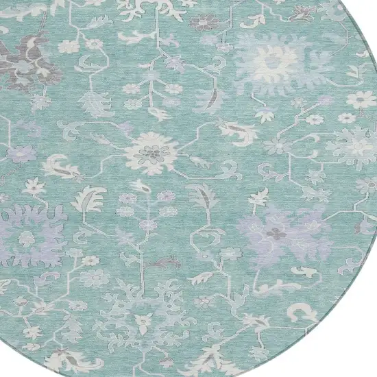 8' Pale Aqua Ivory And Gray Round Floral Washable Indoor Outdoor Area Rug Photo 4