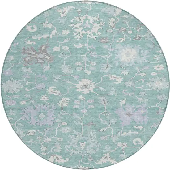 8' Pale Aqua Ivory And Gray Round Floral Washable Indoor Outdoor Area Rug Photo 1