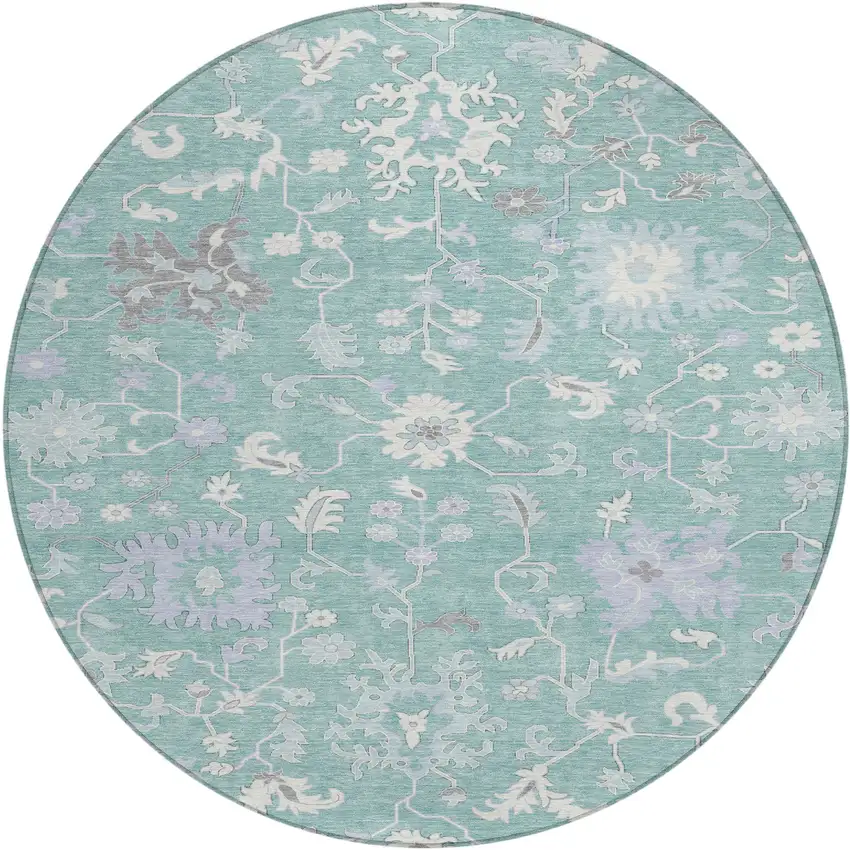 8' Pale Aqua Ivory And Gray Round Floral Washable Indoor Outdoor Area Rug Photo 1