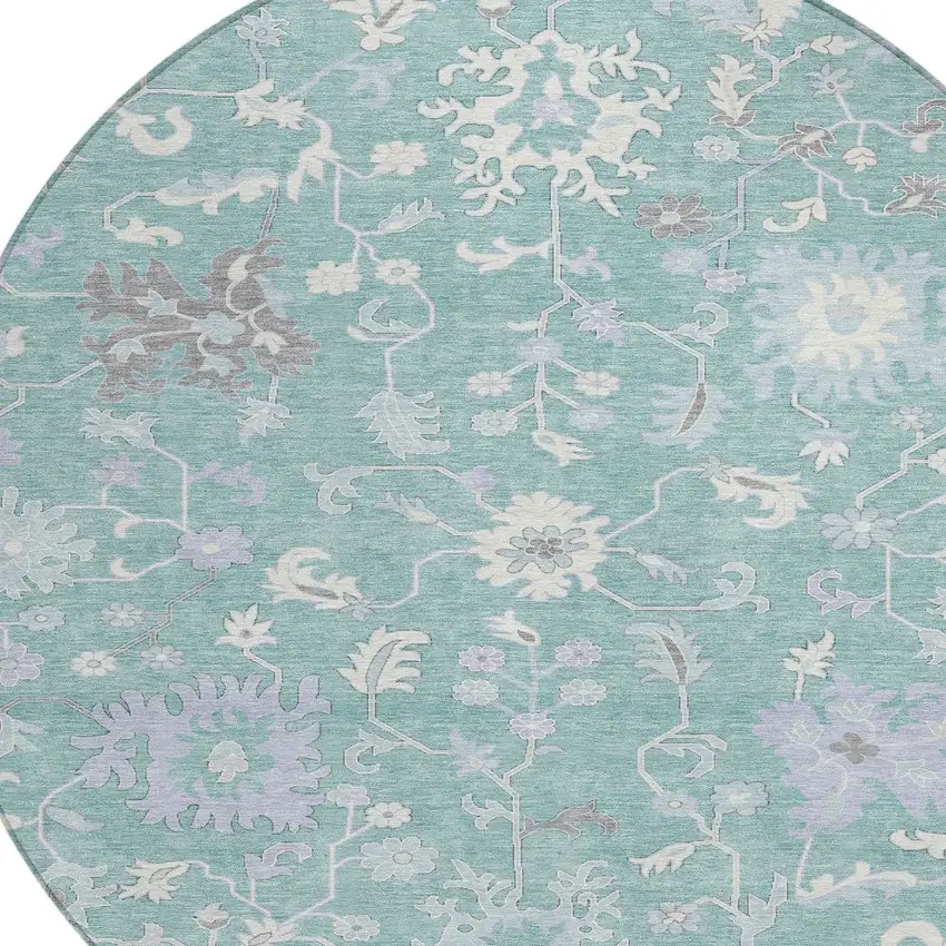 8' Pale Aqua Ivory And Gray Round Floral Washable Indoor Outdoor Area Rug Photo 8