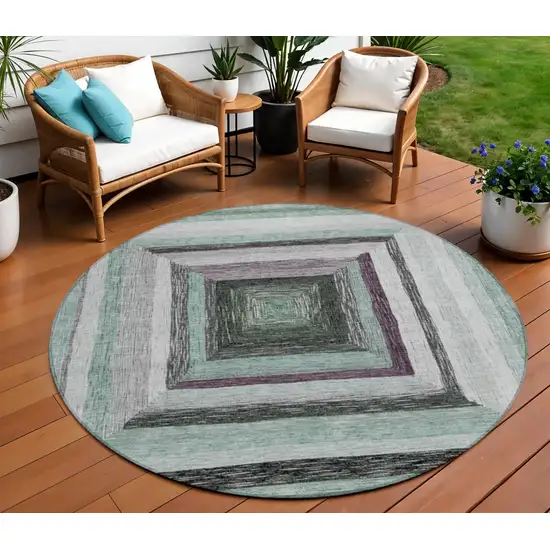 8' Pale Aqua Ivory And Gray Round Geometric Washable Indoor Outdoor Area Rug Photo 2