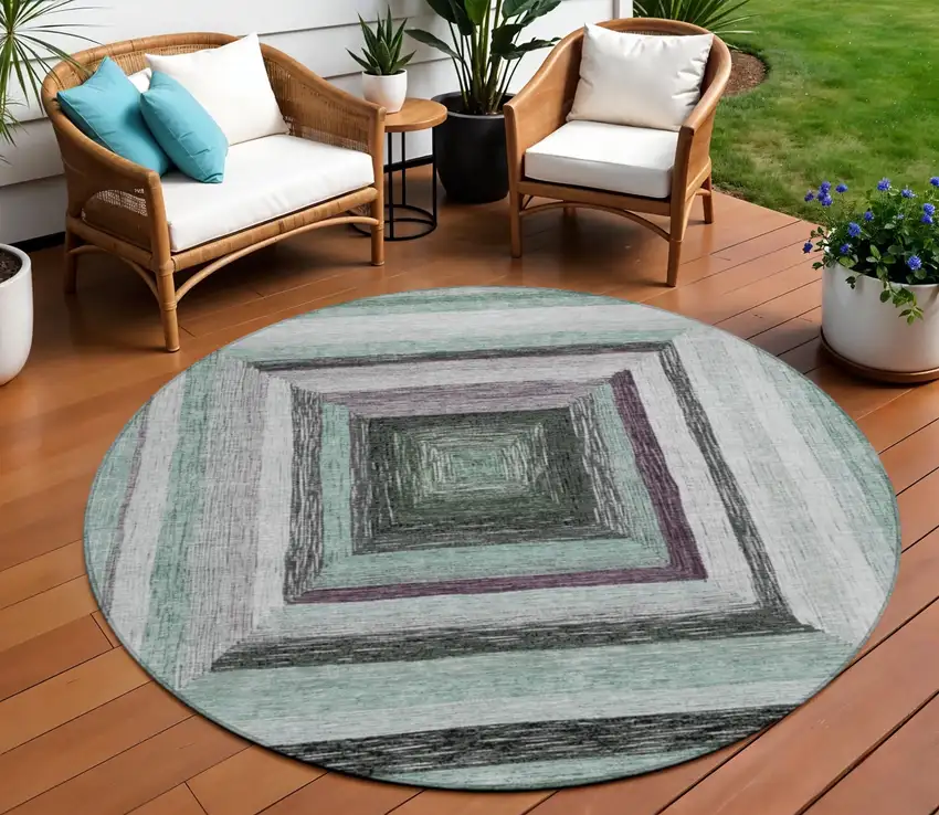 8' Pale Aqua Ivory And Gray Round Geometric Washable Indoor Outdoor Area Rug Photo 2