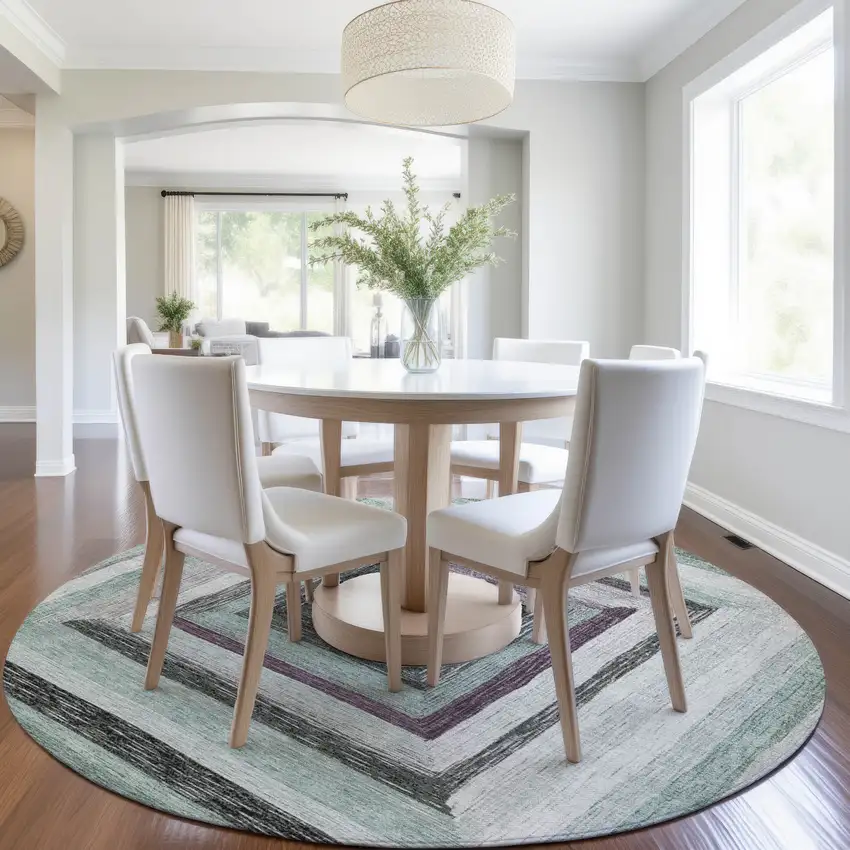 8' Pale Aqua Ivory And Gray Round Geometric Washable Indoor Outdoor Area Rug Photo 6