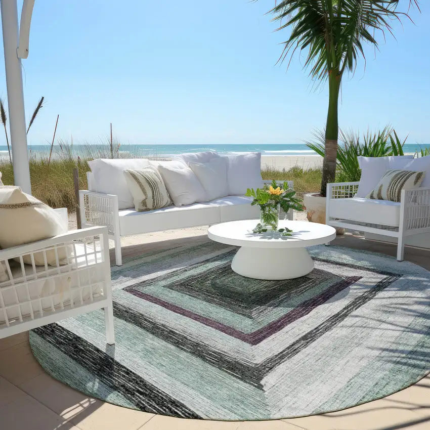 8' Pale Aqua Ivory And Gray Round Geometric Washable Indoor Outdoor Area Rug Photo 5